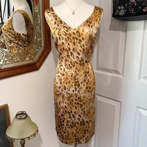 NWT VTG 90s Blushe Impressions Golden Yellow Leopard Silk Fitted Pencil Dress 12
